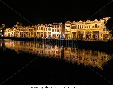 Night view of Chikan village riverbank in Kaiping Guangdong China