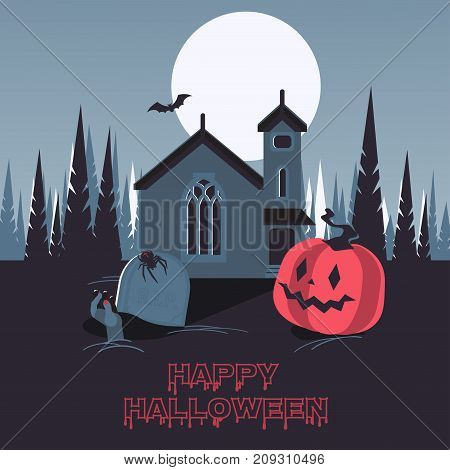 Vector night at the cemetery halloween celebration the moon lights the forest and the old house the measured rise from the graves.