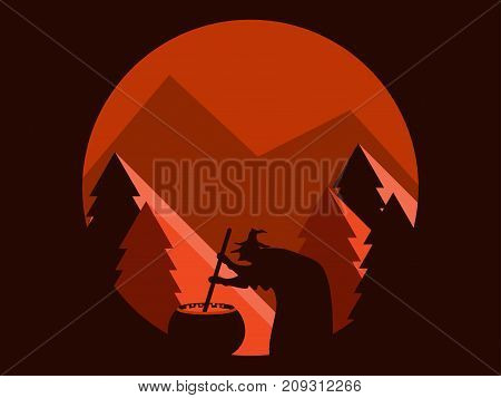 Halloween Witch Is Brewing A Potion. Mountain Landscape Flat Style. Festive Illustration. Vector