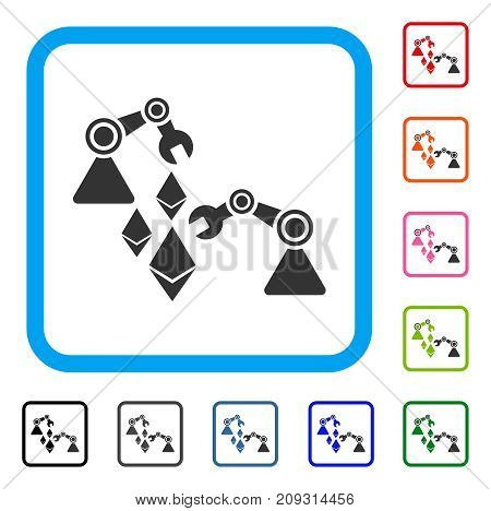 Ethereum Mine Robotics icon. Flat gray pictogram symbol inside a light blue rounded rectangular frame. Black, gray, green, blue, red, orange color additional versions of Ethereum Mine Robotics vector.
