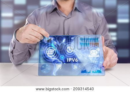 Business, Technology, Internet And Network Concept. Young Businessman Working On A Virtual Screen Of