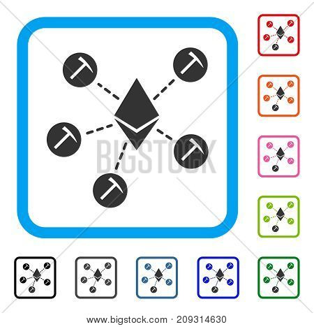 Ethereum Mining Pool icon. Flat grey pictogram symbol inside a light blue rounded square. Black, gray, green, blue, red, orange color additional versions of Ethereum Mining Pool vector.