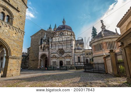 Bergamo Italy - May 27 2016: Wide-angle view of the Cappella Colleoni chapel Piazza Duomo Bergamo Italy.