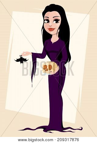 Happy Halloween party. Beautiful lady in gothic style wearing black long dress. Character for design of posters banners placards on October 31. Vector stock illustration on abstract background.
