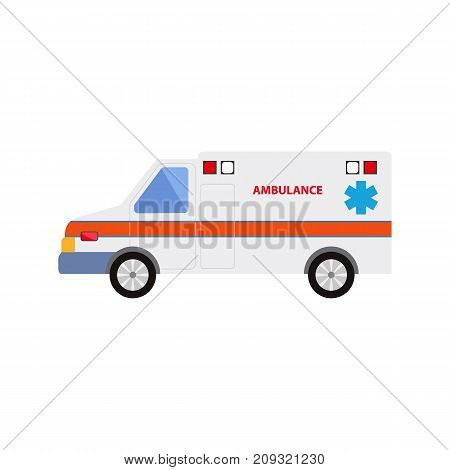 vector flat cartoon ambulance car. Paramedic emergency auto. Medical evacuation service rescue vehicle. Hospital transport. Isolated illustration on a white background