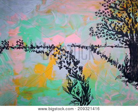 Acrylic painting on canvas of trees and grass along a road in black  silhoutte on an abstract background