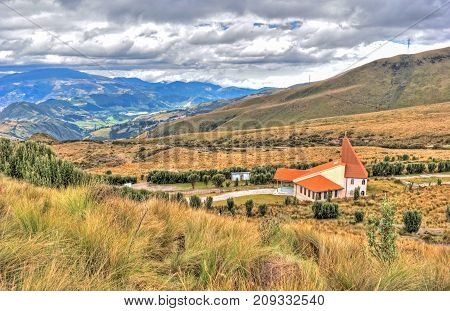 A small chapel high up in the ecuadorian Andes and part of Teleferico touristic attraction on the Pichincha volcano. Quito, Ecuador.