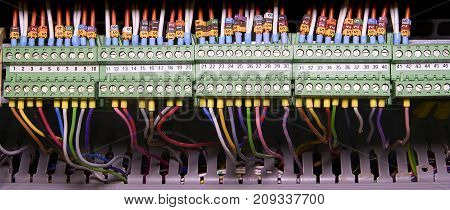 Terminal blocks for electrical connection and earthing terminals for grounding in the control cubicle. Wires with caption fields.