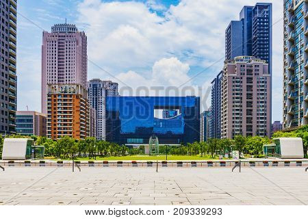 TAICHUNG TAIWAN - JULY 18: This is a view of the Taichung City Council building in the middle of the frame which is situated in the downtown area can be seen on July 18 2017 in Taichung