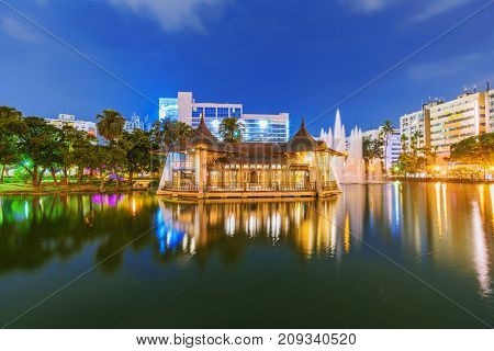 TAICHUNG TAIWAN - JULY 17: This is a night view of the traditional Chinese architecture in Taichung park a popular park in the downtown area on July 17 2017 in Taichung