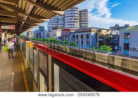 TAIPEI TAIWAN - JULY 16: This is the architecture of Zhishan MRT station which is similar to many overground MRT stations across the city on July 16 2017 in Taipei