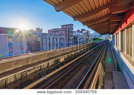 TAIPEI TAIWAN - JULY 16: This is the architecture of Zhishan MRT station which is similar to many overground MRT stations across the city on July 16 2017 in Taipei