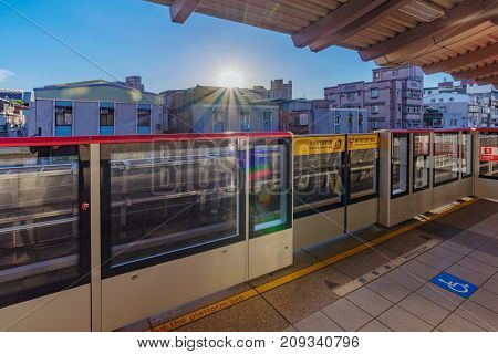TAIPEI TAIWAN - JULY 16: This is the architecture of Zhishan MRT station which is similar to many overground MRT stations across the city on July 16 2017 in Taipei