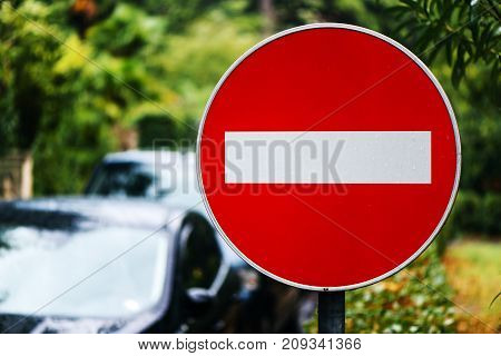 No entry or Wrong way prohibitory traffic sign on the street