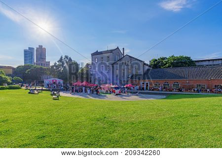 TAIPEI TAIWAN - JULY 15: This is the entrance to Huashan 1914 Creative Park a multi purpose park which is popular for its Art and Design exhbitions on July 15 2017 in Taipei