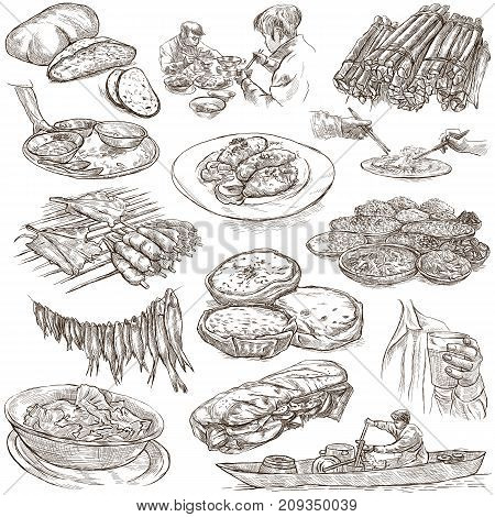 FOOD menu.International Cuisine set. Cooking and Dish. Collection of an hand drawing illustrations. Pack of full sized hand drawn freehand sketches. Line art technique. Drawing on white background.