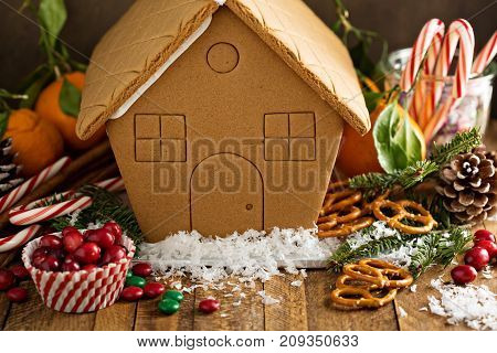 Gingerbread house ready to be decorated with candy for Christmas