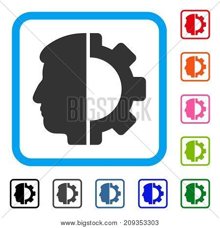 Android Head icon. Flat grey pictogram symbol inside a light blue rounded frame. Black, gray, green, blue, red, orange color variants of Android Head vector.