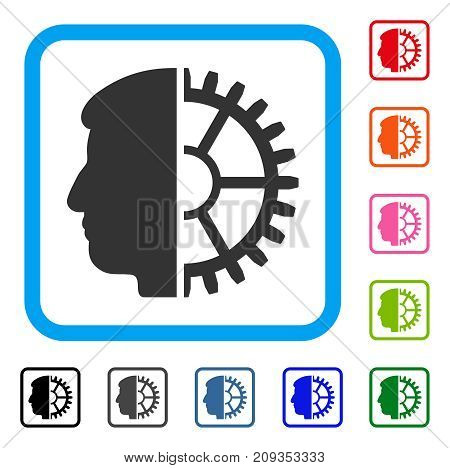 Android Head icon. Flat gray iconic symbol inside a light blue rounded rectangle. Black, gray, green, blue, red, orange color additional versions of Android Head vector.