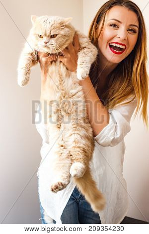 Beautiful girl with a red fluffy cat