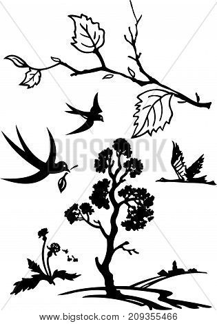 Drawing black and white nature silhouettes composition