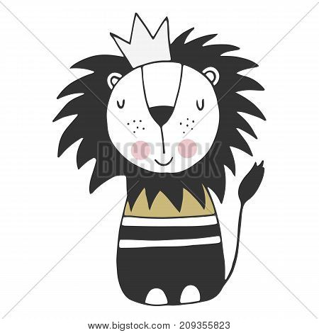 Cute hand drawn nursery poster with lion king in scandinavian style. Monochrome vector illustration.