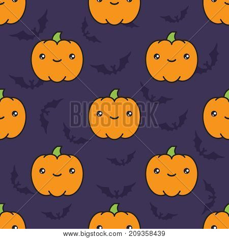 Seamless halloween pattern background with pumpkins on dark violet background with silhouettes of flittermouse. Vector illustration.