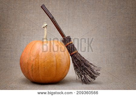 Broom Witch And Ripe Pumpkin For Halloween