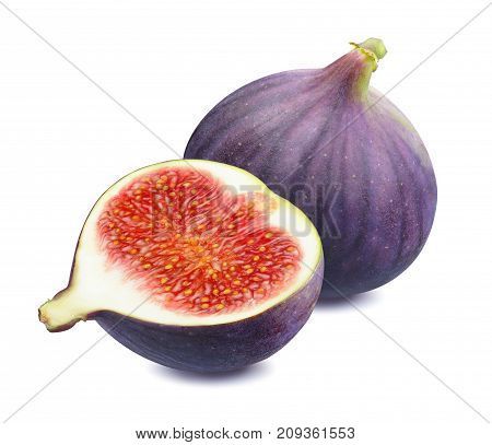 Fresh fig whole and half isolated on white background as package design element