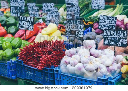 Appetizing market stalls in Vienna's famous Naschmarkt.