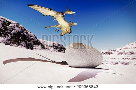 Egg and pterodactyl 3d rendering