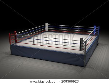 3d rendering of an empty boxing ring spotlighted in the dark. Boxing and fighting sports. Professional fighting. Sparring and competition.