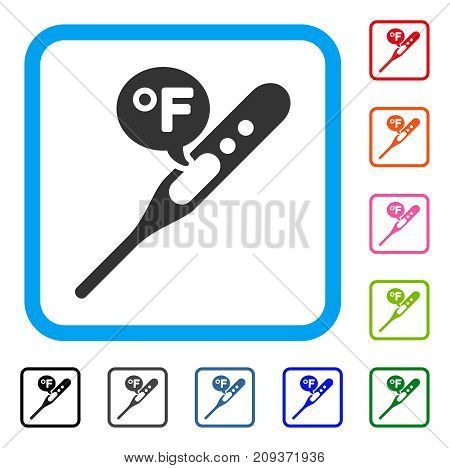 Fahrenheit Temperature icon. Flat gray iconic symbol inside a light blue rounded rectangle. Black, gray, green, blue, red, orange color versions of Fahrenheit Temperature vector.