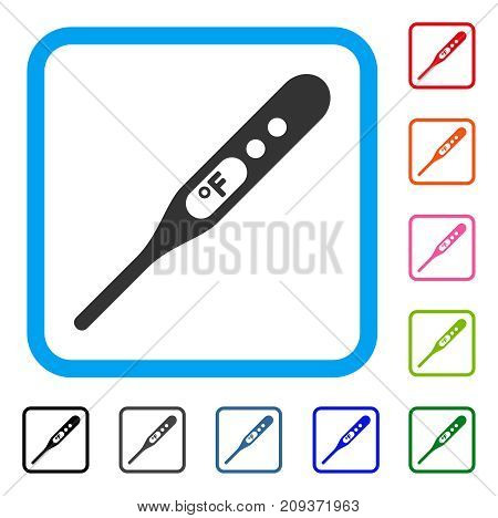 Fahrenheit Thermometer icon. Flat grey iconic symbol inside a light blue rounded rectangular frame. Black, gray, green, blue, red, orange color additional versions of Fahrenheit Thermometer vector.