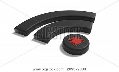 Black Wifi symbol with a red bug on the dot on white background cybersecurity compromised WPA 2 encryption concept 3D illustration