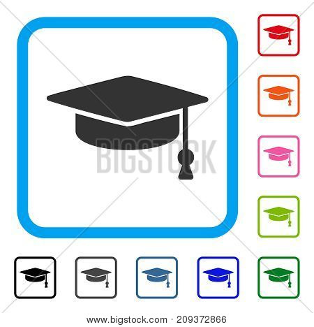 Graduation Cap icon. Flat grey iconic symbol inside a light blue rounded frame. Black, gray, green, blue, red, orange color additional versions of Graduation Cap vector.