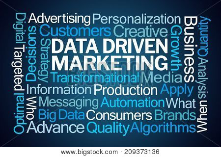 Data Driven Marketing Word Cloud on Blue Background