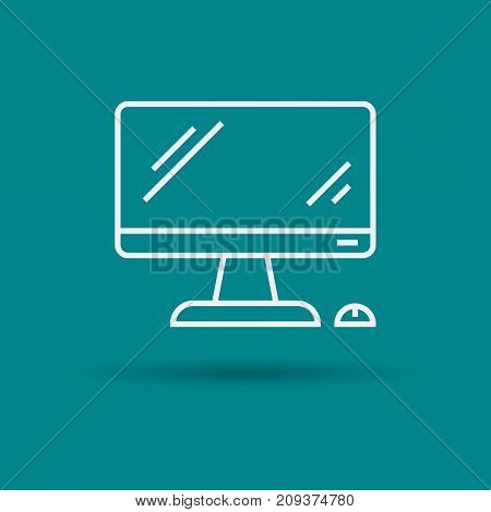 Vector linear computer monoblock system with mouse. Modern technology items. Isolated web outline icon on blue background
