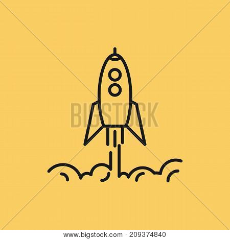 Vector line art rising up rocket with clouds of smoke. Startup business concept. Isolated web outline icon on yellow background