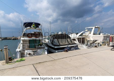 CHALKIDIKI, CENTRAL MACEDONIA, GREECE - AUGUST 25, 2014:  Seascape of port of Nikiti at Sithonia peninsula, Chalkidiki, Central Macedonia, Greece