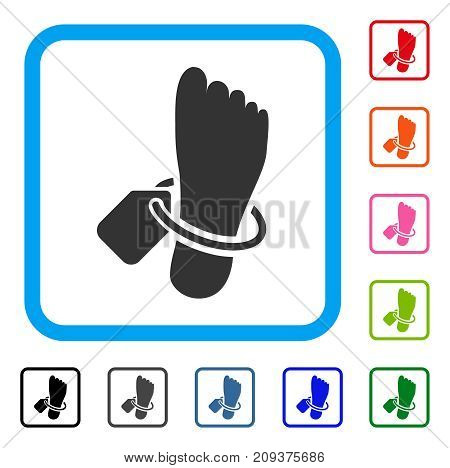 Mortuary Tag icon. Flat gray iconic symbol inside a light blue rounded squared frame. Black, gray, green, blue, red, orange color versions of Mortuary Tag vector.