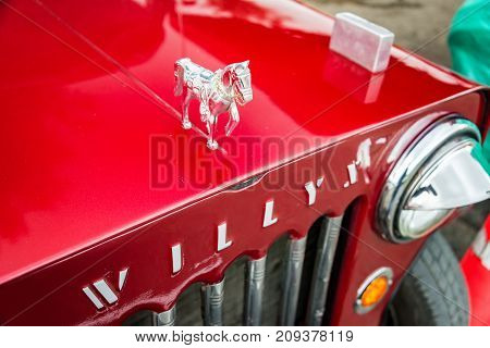 SALENTO COLOMBIA - JUNE 6: Horse hood ornament on a Willys Jeep in Salento Colombia on June 6 2016