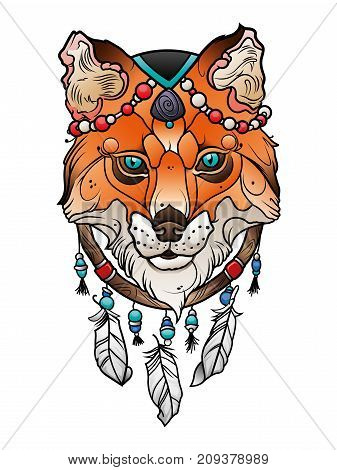 fox head indian totem and dream catcher vector illustration