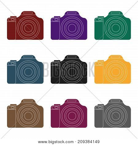Digital camera icon in black design isolated on white background. Rest and travel symbol stock vector illustration.