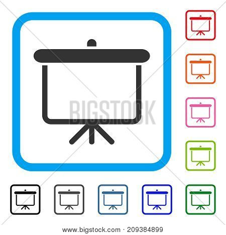 Projection Board icon. Flat grey iconic symbol in a light blue rounded rectangle. Black, gray, green, blue, red, orange color additional versions of Projection Board vector.