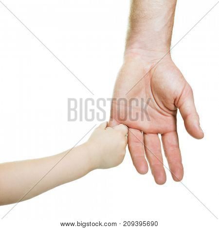 Hands. Father's and his son's hands. Dad and kid hands over white. Male and children hands closeup, isolated on white background. Family, trust, protecting, care, parenting, parenthood concept.