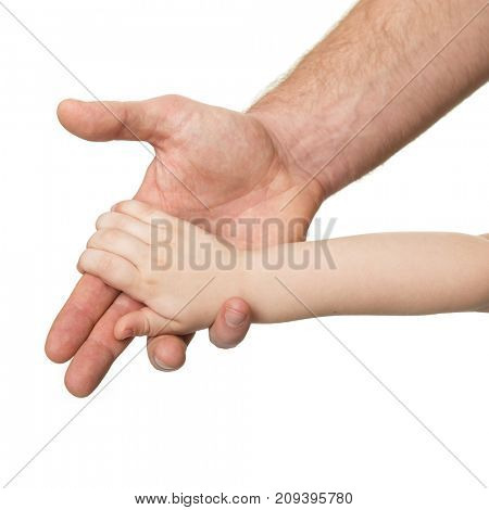 Hands. Father's and his son's hands. Dad and kid hands over white. Male and children hands closeup, isolated on white background. Family, trust, protecting, care, parenting, parenthood concept.