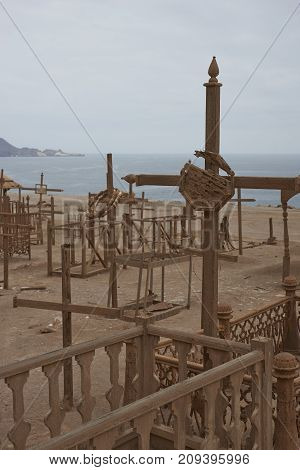 Pisagua, Tarapaca Region, Chile - August 30, 2017: Historic cemetery from the era of nitrate mining in the Atacama Desert, at Pisagua on the coast of northern Chile