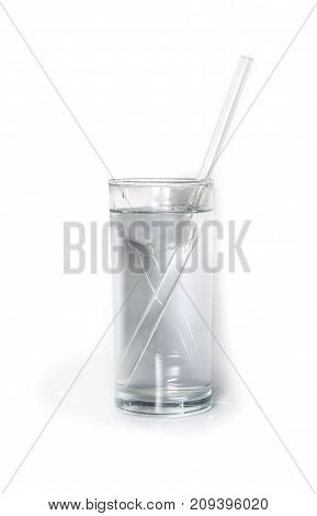 isolated glass of pure water with glass drinking straw and ice. object beverage.