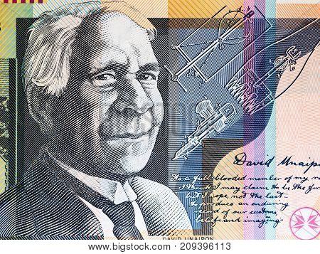 Portrait of Reverend David Unaipon from Australian 50 dollar background.